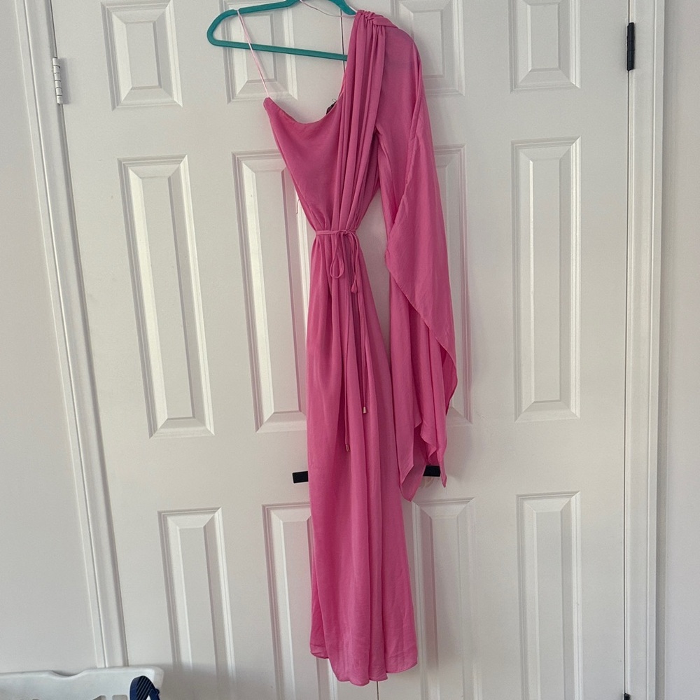 Aakaa One-Shoulder Fuchsia Pink Maxi Dress Slit Gold Accent